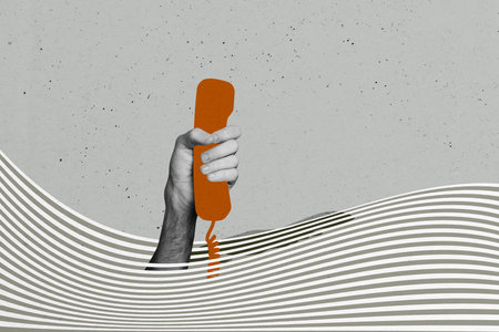 Composite trend artwork sketch collage of stripes line zebra print bodyless human hand appear hold landline phone help support customerの写真素材