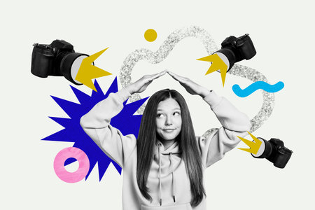 Composite photo collage of annoyed girl celebrity hold hands roof photo camera paparazzi shooting flash isolated on painted backgroundの写真素材