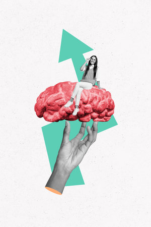 Vertical poster collage young cheerful woman brainstorming solve find solution arrow direction 3d hand achieve goal successの写真素材