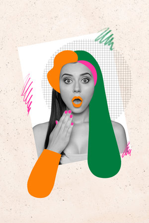 Vertical photo collage of astonished girl bright wig hairdo open mouth coloring salon therapy procedure isolated on painted backgroundの写真素材