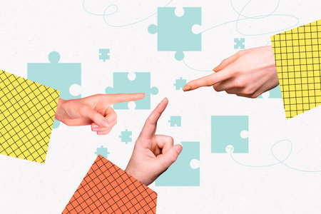 Creative collage hands body fragment finger gesture pointing showing puzzle match quiz teambuilding...