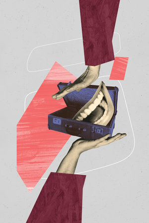 Vertical photo collage of hands hold retro suitcase summer adventure preparation mouth element smile teeth isolated on painted backgroundの写真素材