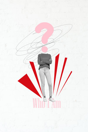 Vertical photo collage of anonym girl instead head question mark ponder brainstorm idea finding...