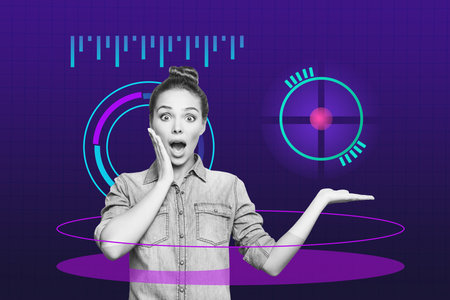Composite trend artwork 3D sketch photo collage of cyberspace virtual simulation effect future young lady shocked face hand hold targetの写真素材