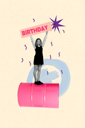 Vertical photo collage of happy girl hold birthday poster confetti decor pink barrel present holiday event isolated on painted backgroundの写真素材