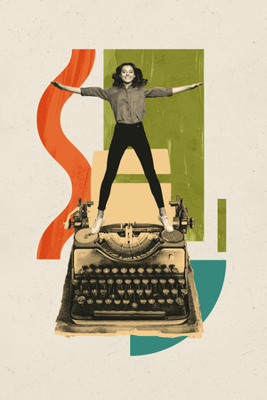 Composite trend artwork 3D sketch image photo collage of young lady miniature stand huge typewrite machine author paper novel hobbyの写真素材