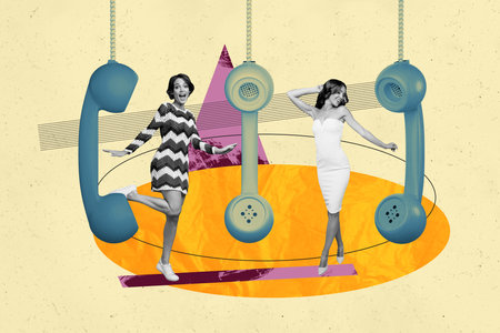 Composite photo collage of two happy girls dance telephone wire handset telecommunication call center isolated on painted backgroundの写真素材