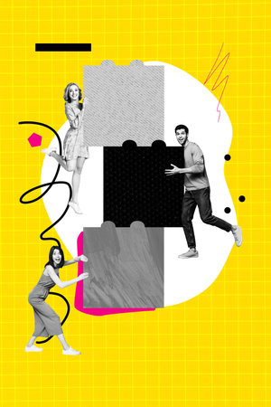 Composite trend artwork sketch collage of workspace team work young man lady solve puzzle collect fragment cube pile hand hold pull pushの写真素材