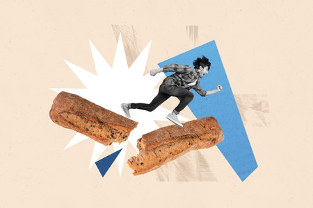 Composite creative art collage of crazy man run scream half bread loaf bite hunger wheat gluten...