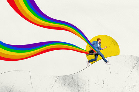 Composite collage picture image of guy run boombox lgbt rainbow isolated on creative backgroundの写真素材