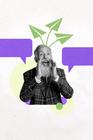 Vertical collage picture elder man pensioner gentleman scream shout say speech textbox message reply...