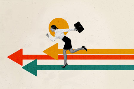 Creative collage picture young businesswoman run forward persistent worker career promotion job office employee suitcaseの写真素材