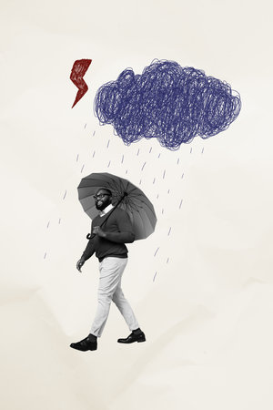Vertical photo collage of happy american man walk umbrella autumn fall cyclone rainstorm season drop cloud isolated on painted backgroundの写真素材