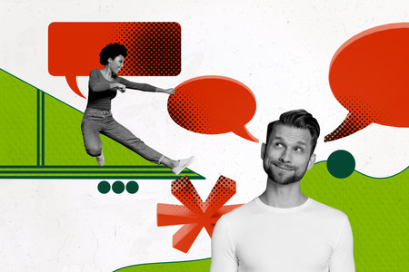 Creative collage picture young woman man karate fight strike thoughtful minded decide unsure...