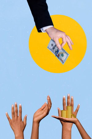 Vertical photo collage of hands offer dollar banknotes coin income usd charity salary capital...