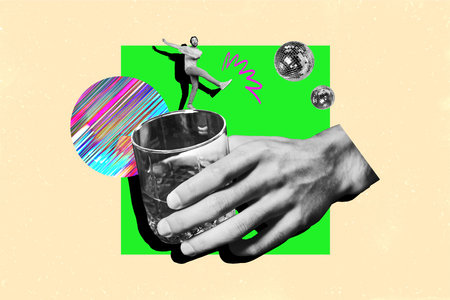Trend collage of beige green vibrant color backdrop party dance rest weekend miniature young man walk line huge hand hold alcohol glassの写真素材