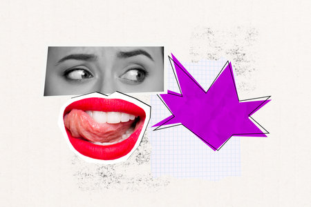 Composite photo collage of panic female eyes facial cut expression lips tongue lick teeth play flirt surgery isolated on painted backgroundの写真素材