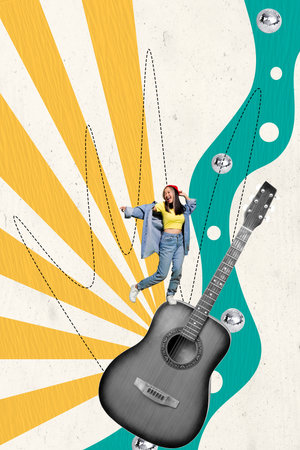 Vertical poster collage young cheerful woman guitar player acoustic instrument disco party festive event drawing backgroundの写真素材