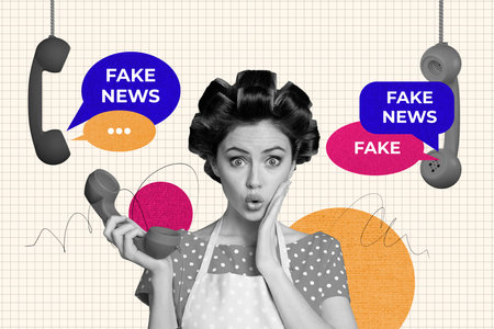 Creative collage young shocked houseworker woman apron telephone call listen landline center fake news propaganda falsification mass mediaの写真素材