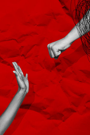 Vertical photo collage of hands show palm fist gesture boxing pressure kick battle teamwork cooperation isolated on painted backgroundの写真素材