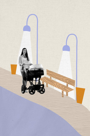 Composite trend artwork sketch image photo collage of family young woman walk outdoors hand hold...
