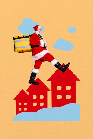 Vertical poster collage elder man santa claus red costume outfit step go boots hat houses city urban...
