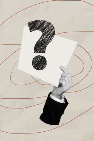 Vertical photo collage of hand hold card question dilemma mark unsure decision brainstorm doodle...
