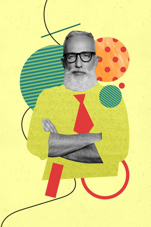 Vertical photo collage of serious old businessman crossed hands wear formal suit tie manager job occupation isolated on painted backgroundの写真素材