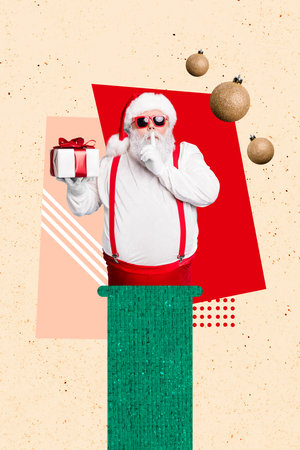 Vertical collage elder man santa claus keep silence shh dont speak secret surprise giftbox present decoration drawing backgroundの写真素材