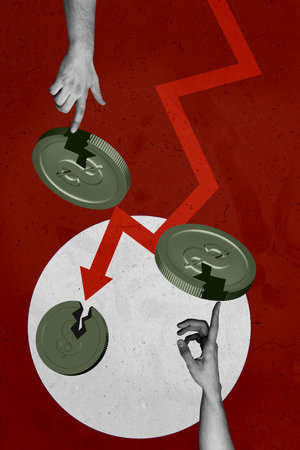 Vertical photo collage of hand point arrow decline recession coin usd inflation broke penny...