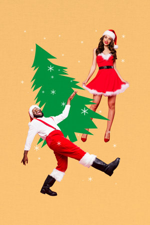 Vertical poster collage young man santa claus outfit beautiful woman evergreen tree christmas new year festive event step go positive moodの写真素材