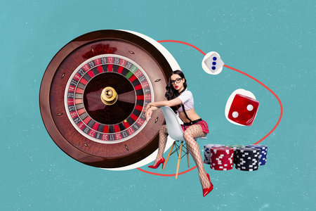 Composite photo collage of sexy girl sit stool roulette poker game gambling game striptease show tempting isolated on painted backgroundの写真素材