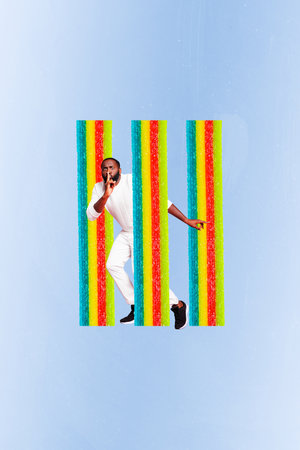 Vertical photo collage of scared american man show shh gesture colorful rainbow candy lgbt sign...