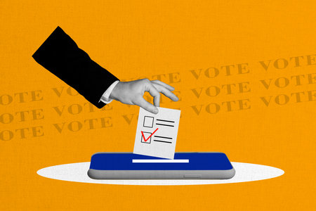 Composite trend artwork collage of choice government politics banner i voted candidate hand sleeve hold checkmark poll smartphone displayの写真素材