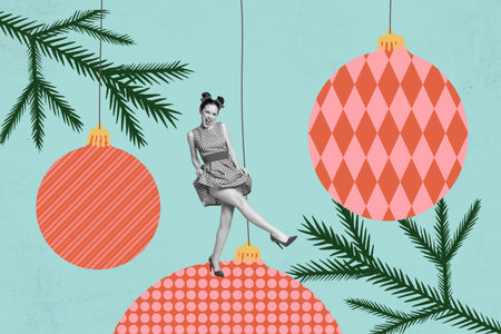 Composite trend artwork sketch image photo collage of winter holiday merry christmas new year decor young lady dance toy eve tree branchの写真素材