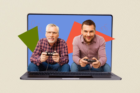 Composite artwork 3D sketch image photo collage of huge laptop two man father son middle age show...