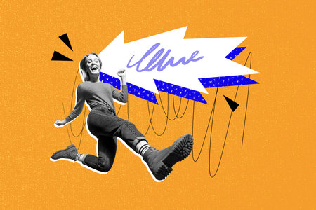 Composite photo collage of excited blonde girl run marathon jogging race fast competition wear boots...