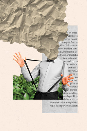 Composite trend artwork 3D sketch image photo collage of young guy headless success gentleman look imagination creative text words leavesの写真素材