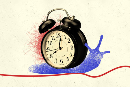 Creative collage picture slow crawling snail slime clock timer schedule miss regime hour tick...