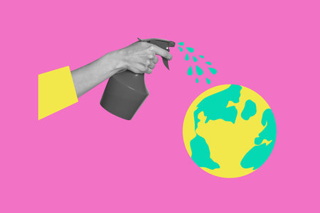 Composite artwork sketch image photo collage of globe planet ecology huge hand hold spray bottle watering nature water drops care climateの写真素材