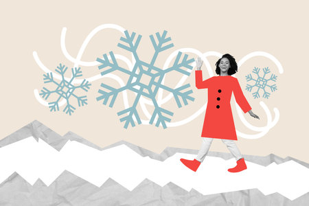 Creative collage portrait of cheerful black white effect girl walk snowy path arm waving hi big snowflakes isolated on beige backgroundの写真素材