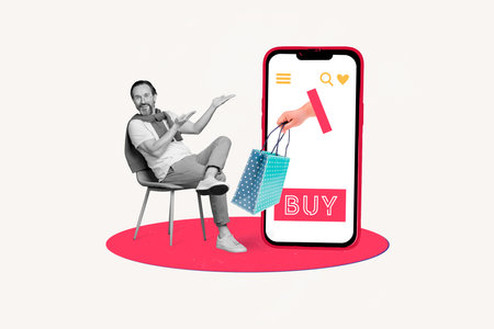 Creative composite photo collage of intelligent middle age man recomand buy clothes online in app isolated on white color backgroundの写真素材