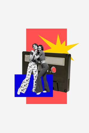 Composite trend artwork 3D sketch image collage of monochrome two young lady friends hugs carefree...