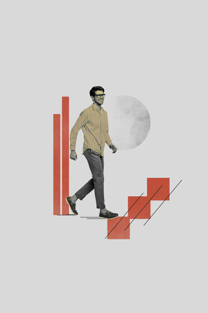 Vertical photo collage of happy businessman walk promotion ladder career growth development isolated...
