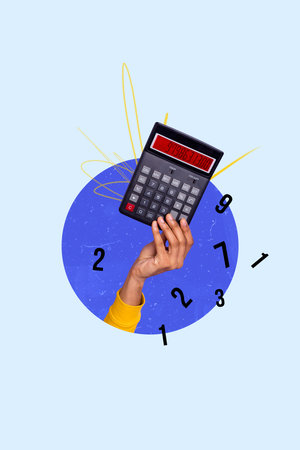 Vertical photo collage of hands hold calculator tool accountant worker count money gold coin dollar...