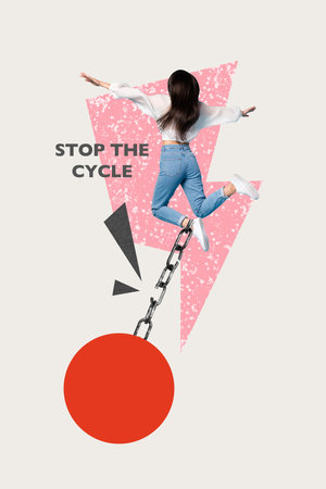 Composite trend artwork 3D sketch image photo collage of anonymous overload young lady fly break metal chain free stop the cycle joblessの写真素材