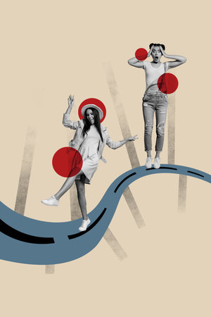 Composite collage image of two funny girls travel way road walking unusual fantasy billboard comicsの写真素材