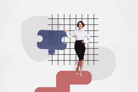Composite photo collage of happy businesswoman stand puzzle element logic piece match jigsaw plan promotion isolated on painted backgroundの写真素材