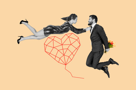 Composite photo collage of two happy girl guy valentine day greetings bouquet celebration present...