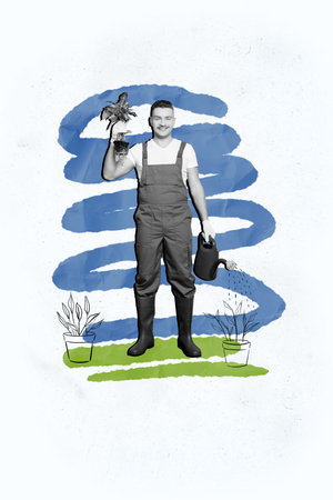 Composite trend artwork sketch image photo collage of monochrome student young guy stand uniform gardener hold flower plant nature waterの写真素材